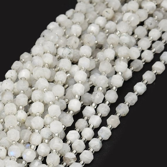 Brins de perles de pierre de lune arc-en-ciel naturel, avec des perles de rocaille, facette, Toupie, perles de prisme à double pointe
