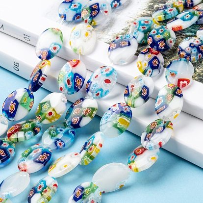 Handmade Millefiori Glass Beads Strands, White Porcelain, Flat Oval, White