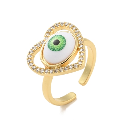 Coeur en zircone cubique avec anneau de manchette ouvert mauvais œil avec acrylique, bijoux en laiton plaqué or véritable 18k pour femmes, sans cadmium et sans plomb