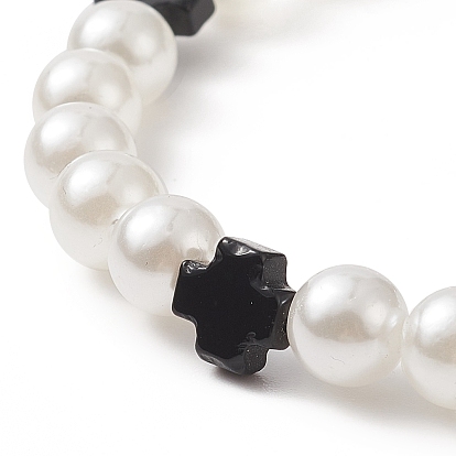 Natural Black Onyx Cross & ABS Plastic Imitation Pearl Beaded Stretch Bracelet for Women
