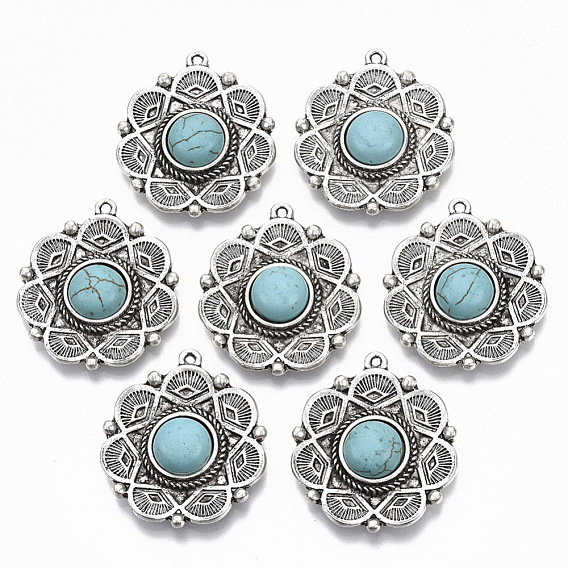 Tibetan Style Alloy Pendants, with Synthetic Turquoise, Cadmium Free & Lead Free, Flower