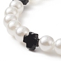Pulsera elástica con cuentas de perlas de imitación de plástico abs y cruz de ónix negro natural para mujer