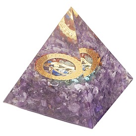 Orgonite Pyramid, Resin Pointed Home Display Decorations, Healing Pyramids, for Stress Reduce Healing Meditation, with Brass Findings and Chip Natural Amethyst Inside