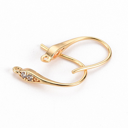 Brass Micro Pave Cubic Clear Zirconia Earring Hooks, with Horizontal Loop, Ear Wire, Nickel Free
