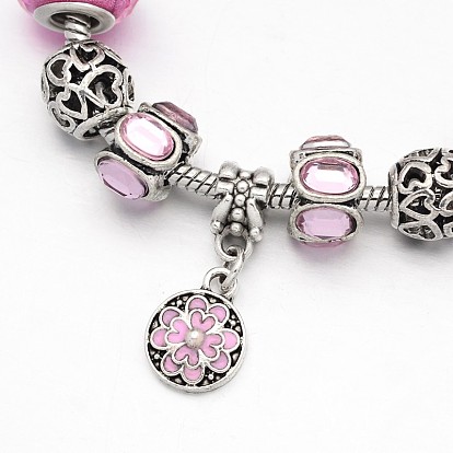 Flower Alloy Rhinestone Enamel European Beaded Bracelets, with Resin European Beads, Brass Chains and Alloy Clasps