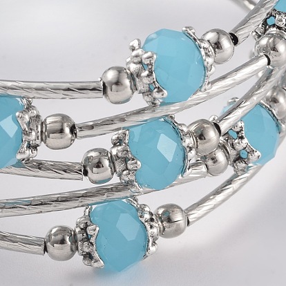 Cinq boucles de bracelets wrap imitation jade de perles de verre, avec des conclusions en alliage de style tibétain et un fil de mémoire de bracelet en acier, 56mm