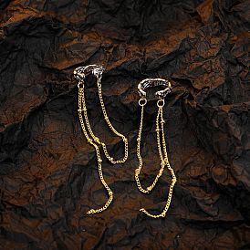 925 Sterling Silver Ear Cuff Earrings with Unique Texture and Gold-Silver Contrast Chain, Non-Pierced Cartilage Clip-On Long Dangle Earring Jewelry