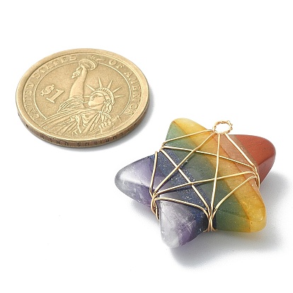 7 Chakra Gemstone Copper Wire Wrapped Pendants, Natural Mixed Stone Star Charms