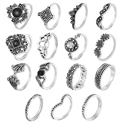 15Pcs 15 Style Crystal Rhinestone Rhombus & Lotus & Crown Finger Rings Set, Alloy Stackable Rings for Women