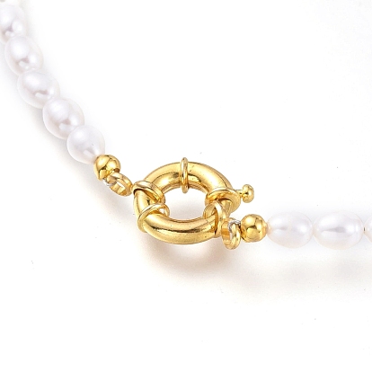 Natural Cultured Freshwater Pearl Beaded Necklaces, with Brass Spring Ring Clasps, Rice, Creamy White
