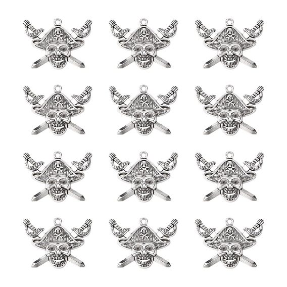 Tibetan Style Alloy Pendants, Cadmium Free & Lead Free, Pirate Style Skull, 43x34x5mm, Hole: 3mm