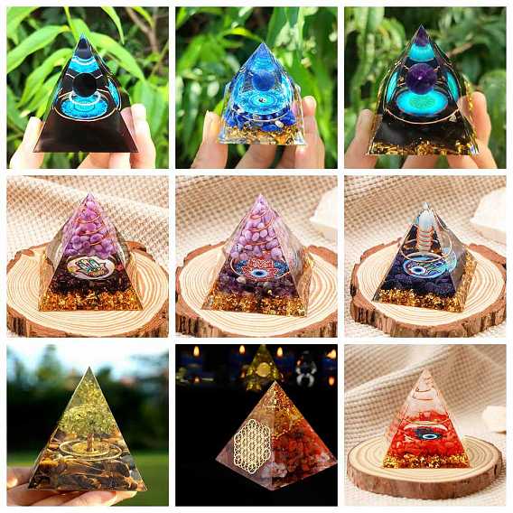 Resin Orgonite Pyramid Home Display Decorations, with Natural Gemstone Chips