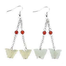 Butterfly Natural New Jade Dangle Earrings for Girl Women, Red Agate Beads Earrings with Brass Pin