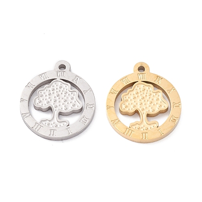 Vacuum Plating 304 Stainless Steel Pendant Cabochon Settings for Enamel, Manual Polishing, Flat Round with Tree