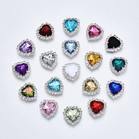 Acrylic Rhinestone Cabochons, with Crystal Rhinestones and Brass Rhinestones Findings, Heart, Faceted, Silver