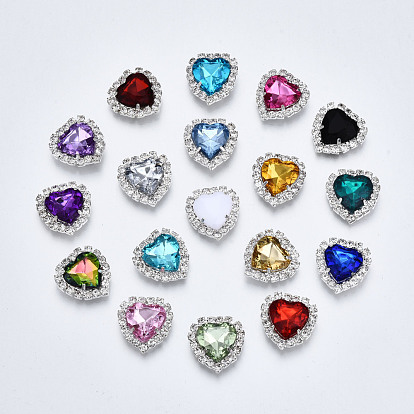 Acrylic Rhinestone Cabochons, with Crystal Rhinestones and Brass Rhinestones Findings, Heart, Faceted, Silver