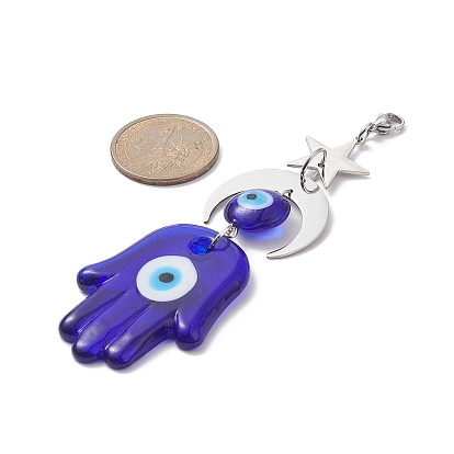 Handmade Evil Eye Lampwork Pendants Decorations, 201 Stainless Steel Moon Star and Lobster Claw Clasps Charms, Star/Flat Round/Heart/Teardrop/Hamsa Hand