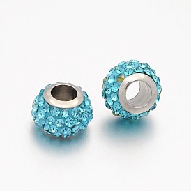 Rondelle 304 Stainless Steel Polymer Clay Rhinestone European Beads, Large Hole Beads, Stainless Steel Color Core, 11x7.5mm, Hole: 5mm