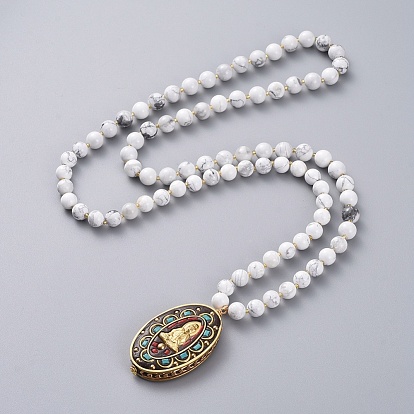 Bijoux bouddhiste, colliers à pendentif guan yin, avec des pendentifs de la déesse de la miséricorde ovale indonésienne faits à la main, Perles de rocaille en verre, perles de pierres fines , fil de nylon tressé et fil de cuivre