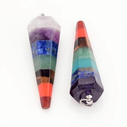 Natural Gemstone Pendants, Cone Pendulum, with 201 Stainless Steel Split Rings, Faceted, 49x14mm, Hole: 4.5mm