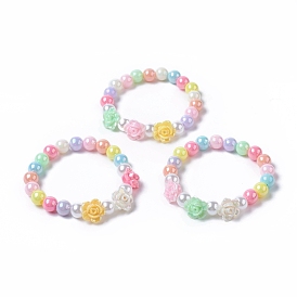 Kids Acrylic Beaded Stretch Bracelets, with Round Eco-Friendly Plastic Imitation Pearl and Flower AB Color Plated Opaque Acrylic