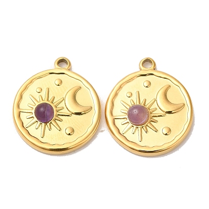 Ion Plating(IP) 316 Stainless Steel Flat Round Pendants, Gemstone Sun & Moon Charms, Real 24K Gold Plated