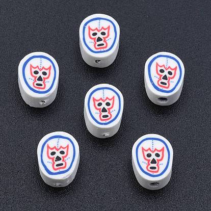 Handmade Polymer Clay Beads, Oval with Mask Pattern