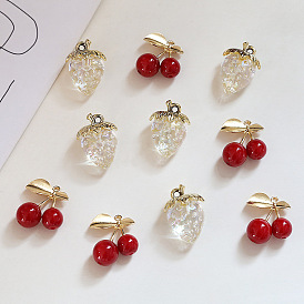 Resin Imitation Fruit Pendants, Fruit Charms with Golden Tone Brass Leaf, Cherry/Strawberry Pattern