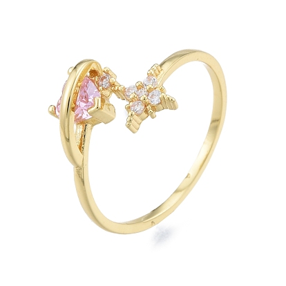 Pearl Pink Cubic Zirconia Heart & Star Open Cuff Ring, Brass Jewelry for Women