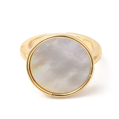 Natural Shell Flat Round Open Cuff Rings, Brass Jewelry for Women
