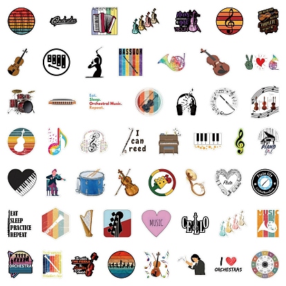 Music Theme PVC Plastic Sticker Labels, Waterproof Decals for Suitcase, Skateboard, Refrigerator, Helmet, Mobile Phone Shell, Musical Instruments Pattern