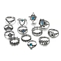 13 piezas 13 conjunto de anillos de dedo de diamantes de imitación de estilo, Anillos apilables de aleación de rombo, tortuga, elefante y corona para mujer