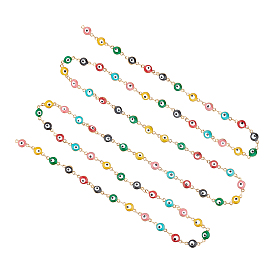 Unicraftale 304 Stainless Steel Link Chains, with Enamel, Soldered, Flat Round with Evil Eye