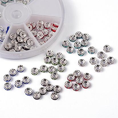 1 boîte laiton mixte strass rondelle perles d'espacement, Grade a, couleur argent plaqué, 6x3mm, trou: 1 mm, environ 120 / boîte