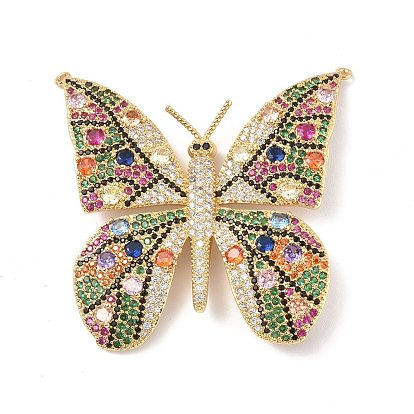 Brass Micro Pave Colorful Cubic Zirconia with Glass Connector Charms, Butterfly Links