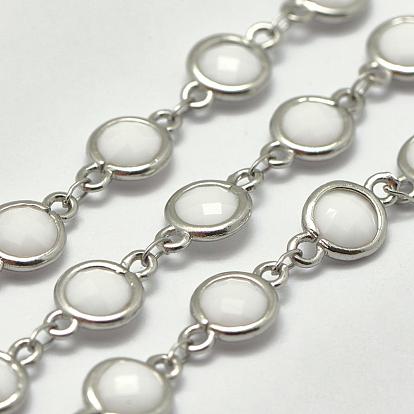 Facettes k 9 chaines perlées à la main en verre, soudé, avec les accessoires en laiton, sans cadmium et sans plomb, plat rond, blanc