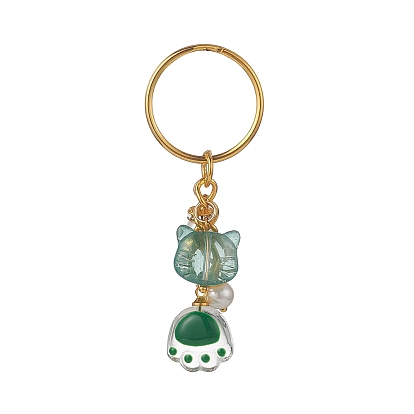 Porte-clés en verre transparent, avec des perles de verre et des porte-clés fendus en fer et des perles de strass
