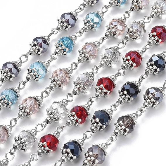 Main chaînes de perles de verre, avec des chapeaux de perles en alliage de style tibétain, perles intercalaires en fer et pinces à oeil en fer, non soudée