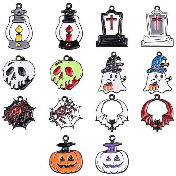 14 pcs 14 style halloween thème rack placage pendentifs en alliage émaillé peints à la bombe, chauve-souris/fantôme/lampe à paraffine/tombeau/toile d'araignée/citrouille