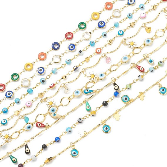 Golden Plated Brass Beaded Chains, with Enamel, Unwelded, Mixed Shapes