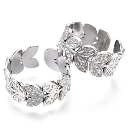 304 Stainless Steel Leaf Cuff Rings, Wide Band Rings, Open Rings for Women Girls