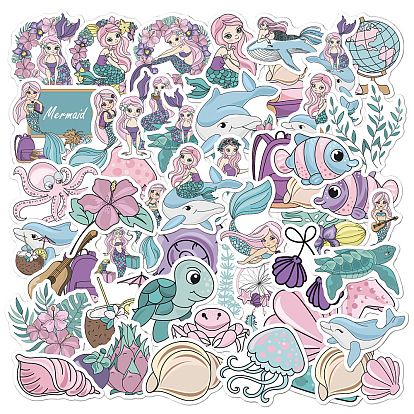 50Pcs Ocean Theme PVC Self-Adhesive Cartoon Stickers, Waterproof Sea Animal Decals for Kid's Art Craft