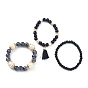 Multi-layered Stretch Bracelets Sets, Stackable Bracelets, with Acrylic Beads, Golden Plated Alloy Spacer Beads and Yarn Tassel Pendants