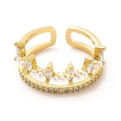 Bague de manchette ouverte avec couronne de zircone cubique transparente avec perle en plastique perlée, bijoux en laiton pour femmes