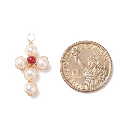 Natural Gemstone & White Freshwater Pearl Pendants, with Real 18K Gold Plated Copper Wire Wrapped, Cross