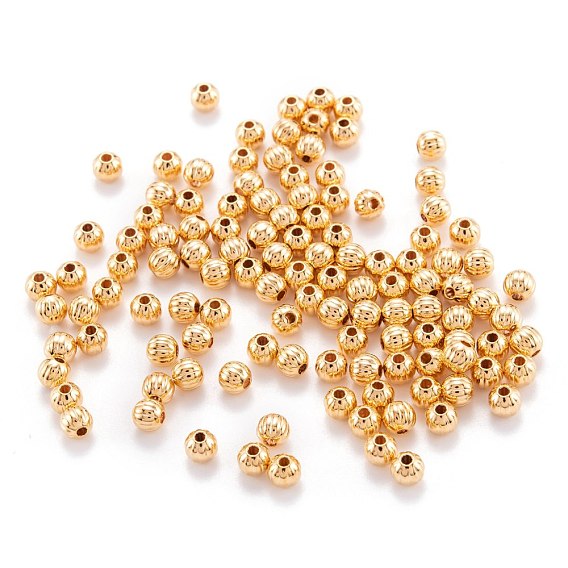 Brass Corrugated Beads, Real 18K Gold Plated, Round