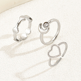 3 piezas 3 conjuntos de anillos abiertos de circonita cúbica estilo, anillos apilables de latón con forma de luna y corazón