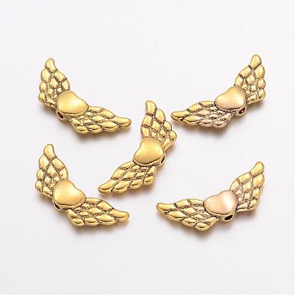 Tibetan Style Alloy Angeltee Beads, Winged Heart, Lead Free & Cadmium Free, 22x9x3mm, Hole: 1mm, about 869pcs/1000g