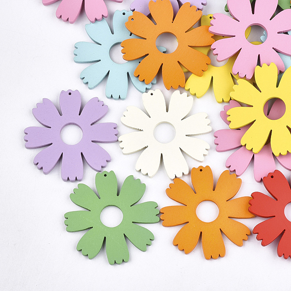 Painted Natural Wooden Pendants, Flower