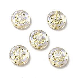 Acrylic Beads, Golden Metal Enlaced, Flat Round with Flower